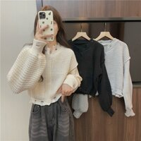 Áo khoác len nữ dệt kim lưới tua gấu hàng loại 1 hàng Quảng Châu dáng ngắn, áo cardigan nữ phối viền rách cá tính