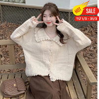 Áo khoác len nữ dệt kim tay dài cổ búp bê vintage, áo khoác cardigian len dáng ngắn hàn quốc 1359