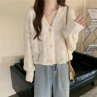 Áo Khoác len nữ MIỄN SHIP  Áo cardigan len cánh dơi dáng croptop rộng rãi cổ V trẻ trung năng động, Chất liệu mềm mịn - Kem - Freesize <70kg