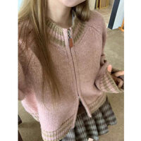 Áo khoác len nữ mùa thu đông mới, cổ tròn ngắn, dáng rộng, có khóa kéo, áo len sọc thời trang cho phụ nữ