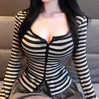 Áo khoác len sọc đen trắng, dáng ôm, áo thun giảm cân, áo dài tay thường ngày