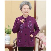 Áo khoác len trung niên nữ, khoác len cho người già, Áo len cài cúc phối hoa phong cách thanh lịch sang trọng