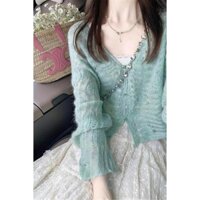 Áo khoác len xanh cho phụ nữ, áo chống nắng mới có lỗ, áo len lười