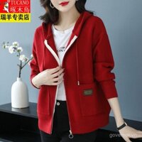 Áo khoác liền mũ cỡ lớn dệt kim Chim Gõ Kiến áo khoác có túi áo len len có khóa kéo cho phụ nữ trung niên trang phục cho mẹ xuân thu màu trơn