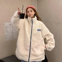 Áo khoác lông cừu 2 mặt logo thêu nổi cao cổ màu trắng-áo lông nam nữ unisex Form rộng ulzzang hàn quốc, XUONGMAYSIGIARE