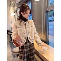 Áo Khoác Lông Cừu Dáng Ngắn Vạt Xéo, Áo Khoác Lông Cừu Thêu Viền Cúc Nổi