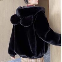 Áo Khoác Lông Cừu Mũ Tai Thỏ Lông 2 Mặt Dầy Dặn Siêu Ấm Áp Thời Trang Hàn Quốc