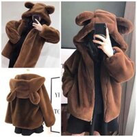 Áo Khoác Lông Cừu Mũ Tai Thỏ Lông Hai Mặt Siêu Ấm Áp Bất Chấp Rét Đại Hàn
