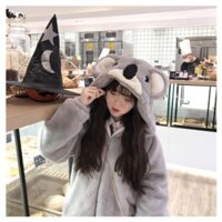 Áo khoác lông cừu nữ thêu mũ gấu xám đáng yêu, áo lông nữ hàng lông 2 mặt dày mềm mịn giữ nhiệt