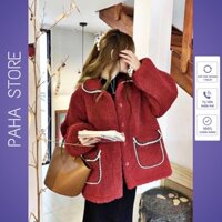 Áo khoác lông cừu phối viền dạ, áo lông đỏ túi hộp viền dạ Noel - PAHA SHOP