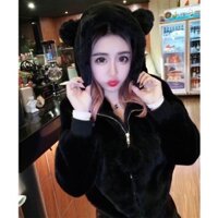 Áo khoác lông cừu quả bông 2 tai thỏ lông màu đen ấm đẹp sang chảnh, áo lông mùa đông