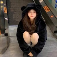 ÁO KHOÁC LÔNG CỪU TAI THỎ QUẢ BÔNG MÀU ĐEN MỀM MẠI ẤM ÁP