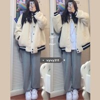 Áo khoác lông cừu tay dài dáng rộng viền trắng đen phong cách Hàn Quốc