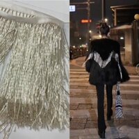 Áo khoác lông gấu trúc dài 15cm hạt pha lê, dây chuyền bạc, rèm trang trí, trang phục khiêu vũ Latin