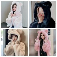 Áo khoác lông nữ, áo hoodie lông tai thỏ đáng yêu mềm mịn ấm mịn