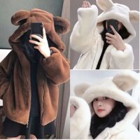 Áo khoác lông nữ quả bông 2 tai gấu đáng yêu dáng rộng ulzzang hàn quốc sang chảnh