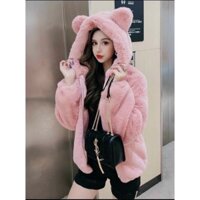 Áo khoác lông nữ quả bông tai thỏ ulzzang hàn quốc dày mũ lông to ấm áp