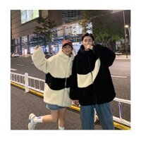 💃Áo Khoác Lông Phối Màu Unisex Kèm Mũ Douyin G182 Đen Trắng