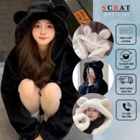 Áo Khoác Lông Thỏ Nam Nữ 2 Lớp Có Mũ Tai Gấu Chùm Đầu, Áo Khoác Tai Thỏ Chất Lông Mềm Mượt Fom Rộng Thời Trang Unisex