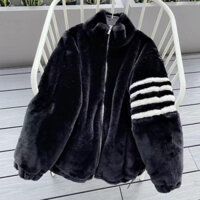Áo Khoác Lông Thome Mượt Cao Cấp - Áo Khoác Nam Nữ Lông Cừu Phối 4 Sọc Tay