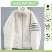 Áo Khoác Lông Thome Mượt FORM RỘNG - áo khoác Lông Cừu NAM NỮ Phối 4 Sọc Tay