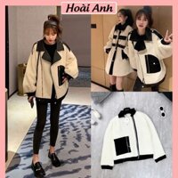 Áo Khoác Lông Trắng Phối Da Nhung Đen Cổ Bẻ Kéo Khóa Áo Khoác Nữ Lông Cừu Khóa Túi Freesize
