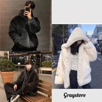 Áo Khoác Lông Trơn có mũ nam nữ chuẩn form rộng cao cấp chất lông thỏ mềm mịn dày dặn mặc siêu ấm chính hãng Gray store