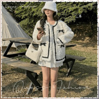 Áo khoác lông viền đen túi nơ xinh xắn dễ thương, áo lông cừu mùa đông đáng yêu