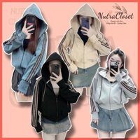 Áo khoác lửng có nón len nhung gân sọc tay túi trong unisex nam nữ