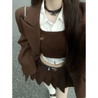 Áo khoác mặc phối áo sơ mi dệt kim Bộ đồ cổ điển chị em Hoàng Gia Áo Gilê chân váy xếp ly dáng dài vừa khí chất Bộ đồ thu đông phong cách Hàn Quốc GZ9P