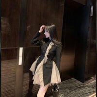 Áo khoác màu đen Nữ mùa xuân Bộ đồ cao cấp Thiết kế Sense Niche Khâu gạc Áo hẹp + Váy gạc