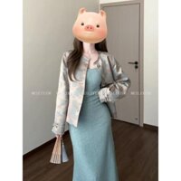 Áo Khoác Mẫu Mới Cho Người Mập Cỡ Lớn, Bộ Váy Hai Dây Dệt Kim Phối Bên Trong Tôn Dáng