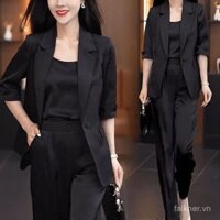 Áo khoác mỏng sang trọng nhẹ với hiệu ứng xếp nếp, bộ vest cao cấp, bộ ba món mùa hè cho phụ nữ bằng lụa băng, quần ống rộng tay ngắn, blazer chuyên nghiệp