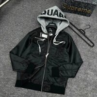 Áo khoác mũ nam nữ Dsq vải gió túi zip ngực phối mũ nỉ xám 2 lớp in chữ Dsquared2 cao cấp boy phố