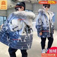 Áo Khoác Mùa Đông Cho Trẻ Em Bé Trai , Áo Khoác Lót Lông Nhung Siêu âm Kèm Mũ Lông Thú Chất Cotton