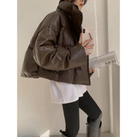 Áo khoác mùa đông da pu màu cà phê tay dài cổ lọ đơn giản cho nữ-áo ấm mùa đông 2023