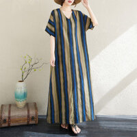 Áo khoác mùa hè cổ chữ V mỏng bằng vải cotton và lanh, kích thước lớn, phong cách nghệ thuật, dáng suông, giảm cân, váy sọc dọc cho phụ nữ, kích thước lớn 5XL 6XL 7XL 8XL 9XL 10XL