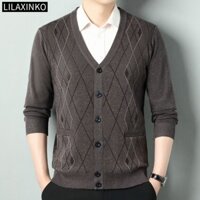 Áo khoác nam ca rô kẻ sọc dài tay áo len đan cổ chữ V cơ bản hàng đầu cổ điển bỏ túi