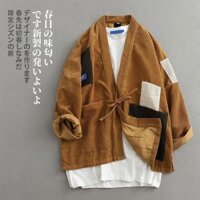 Áo Khoác Nam kimono Vải Nhung Kẻ Dáng Rộng Phong Cách Retro Nhật Bản - Màu vàng - XL
