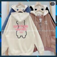 Áo khoác nam nữ nỉ ngoại in gấu 2 nón dây kéo - hồng