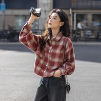 Áo khoác ngắn rộng rãi dày dạn bằng cotton chải vintage, mùa xuân thu mới, áo sơ mi ngắn tay kẻ caro nhỏ nhắn cho phụ nữ