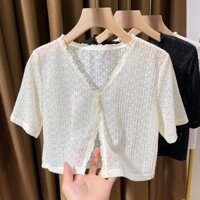 Áo khoác ngắn tay ren mùa hè dành cho nữ Áo len Cardigan ngắn màu trơn
