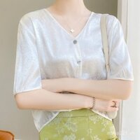 Áo khoác ngắn tay satin Pháp, áo cardigan lụa mỏng, áo cổ V, áo ngắn tay acetate năm điểm, thời trang cho phụ nữ