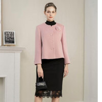 Áo khoác ngắn Vải dạ lông cừu Đính hoa thủ công Cổ tròn Tay dài Dài qua eo