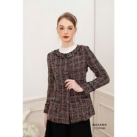Áo khoác ngắn vải dạ Tweed dài tay kẻ ô