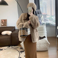 Áo khoác ngoài lông nữ tay dài cổ V form vừa có túi hàng QC chất liệu lông mềm mịn Yame clothing