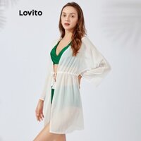 Áo khoác ngoài Lovito thiết kế cổ thẳng trơn màu thắt dây phong cách Boho L26AD008 (màu trắng)