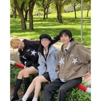 Áo Khoác Ngôi Sao Chữ INS Có Khoá Kéo Thun Nỉ Len Tay Dài - Kiểu Áo Hoodie Zip Jacket Chống Nắng Nam Nữ -Top Đen , Xám