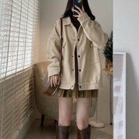 áo khoác nhung da lộn nút bấm trơn có 2 túi dáng rộng phong cách thời trang vintage unisex ulzzang nam nữ Form Rộng Siêu Xinh - kem - XL