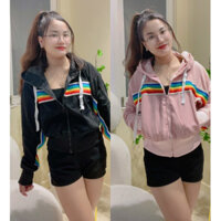 Áo khoác nhung gân form rộng tay dài viền sọc 7 màu chống nắng có mũ dây kéo khóa HTK5